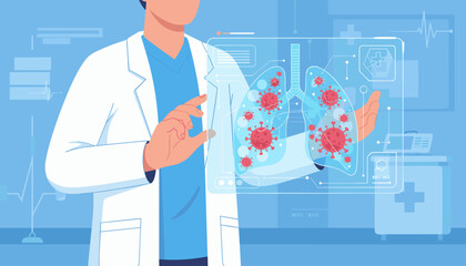 Doctor in white lab coat examining a holographic projection of lungs infected with coronavirus, displaying medical data and vital signs, representing scientific research and healthcare advancements