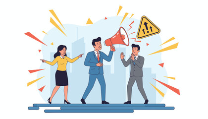 Business people in a tense meeting, one man shouting through a megaphone, another man holding up his hands in a defensive gesture, and a woman pointing accusingly, conveying a sense of conflict and