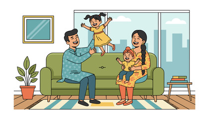 Joyful Indian family with two children, a boy and a girl, enjoying quality time together in a cozy living room, with the father tossing the daughter in the air and the mother holding the son
