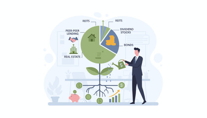 Conceptual illustration of investment portfolio asset allocation for passive income growth, featuring a pie chart with REITs, dividend stocks, bonds, peer-to-peer lending, and real estate, watered by