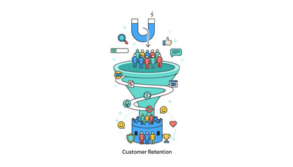Customer retention concept illustration, depicting a funnel with a magnet attracting people, symbolizing inbound marketing strategies and customer engagement through various digital channels and