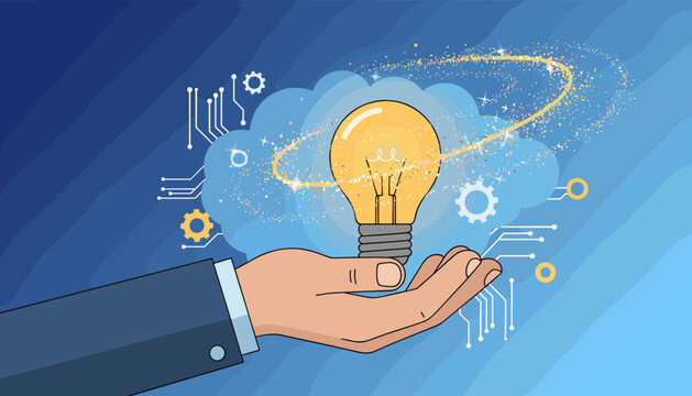 Close-up of a hand in a suit holding a glowing incandescent light bulb symbolizing innovation and creativity, surrounded by digital circuit elements and a sparkling cloud, representing technology and