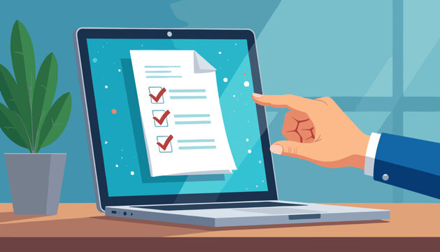 Close-up of a hand in a blue suit jacket touching a digital document with checkboxes on a laptop screen, symbolizing online tasks, digital workflow, and task management in a modern business