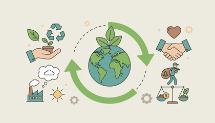 Sustainable procurement concept illustration with a hand holding a plant and recycling symbol, Earth at center with green arrows, and icons representing industry, nature, and balance of resources
