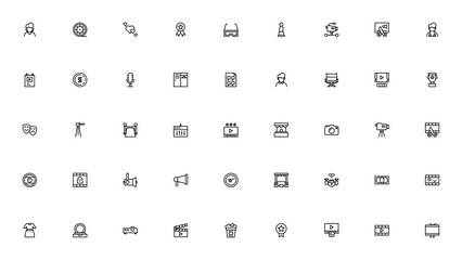 Film Industry icon set. Vector illustration. Include symbols for actress, diretor, camera, film reel, osar, cinema, red carpet, edting, and more. Editable sroke.