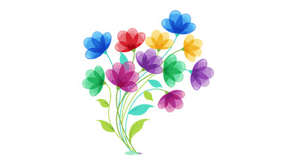 A vibrant bouquet of translucent, multicolored flowers, including blue, red, yellow, purple, and green, artfully arranged with delicate leaves and stems against a clean, isolated white background