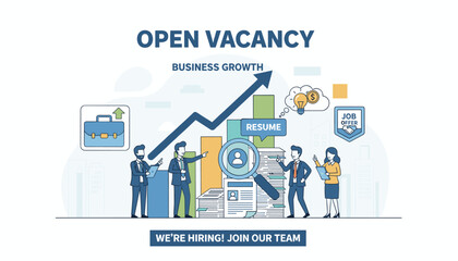 Open vacancy and business growth concept illustration with diverse team members reviewing resumes and job offers, symbolizing career opportunities and company expansion with a rising graph and