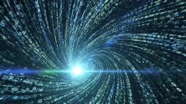 Abstract digital data tunnel vortex stream with binary code elements