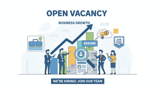 Open vacancy and business growth concept illustration with diverse team members reviewing resumes and job offers, symbolizing career opportunities and company expansion with a rising graph and