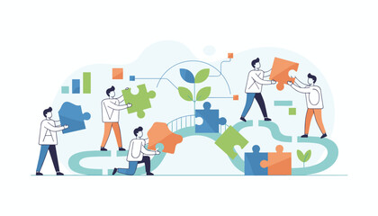 Fototapeta premium Business concept metaphor of teamwork and collaboration, with diverse people connecting puzzle pieces to build a project, symbolizing strategy, problem-solving, and shared goals in a modern flat