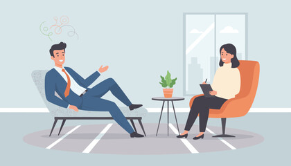 Business concept vector illustration of a man in a suit talking to a therapist or counselor in a modern office setting, symbolizing mental health, therapy, and problem-solving in the corporate world.
