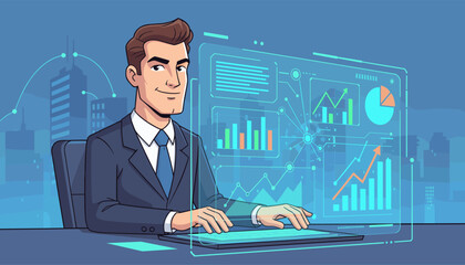 A confident businessman in a suit sits at a desk, analyzing digital sales data and growth charts displayed on a futuristic holographic interface, with a cityscape in the background, symbolizing