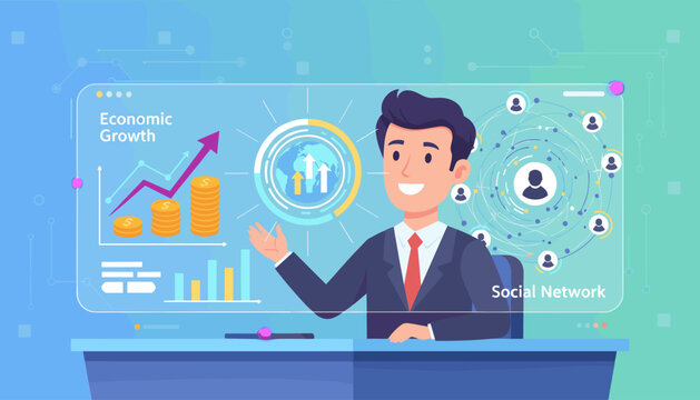 Dynamic illustration of a businessman presenting economic growth charts, stacks of coins, and a global social network diagram, symbolizing business success, financial progress, and interconnectedness