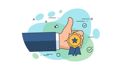 Hand in a blue suit giving a thumbs-up gesture, holding a golden medal with a blue star and ribbons, symbolizing endorsement, recommendation, and achievement, with abstract shapes and checkmarks in