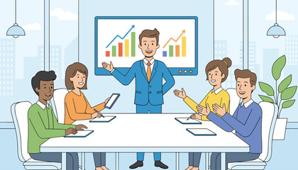 A diverse team of professionals in a modern office setting, gathered around a conference table, attentively listening to a smiling businessman presenting a positive sales growth chart on a large
