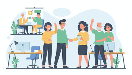 Diverse group of colleagues in a modern office setting, warmly welcoming a new team member with handshakes and waves, illustrating successful onboarding and positive workplace integration, with