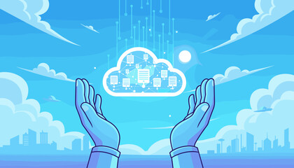 Abstract illustration of two hands cradling a glowing cloud icon filled with data documents and network connections, set against a bright blue sky with stylized clouds, sun, and a distant cityscape