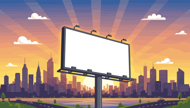 Vibrant cityscape at sunset with a large, empty billboard ready for advertisement, featuring a silhouetted skyline, radiating sun rays, fluffy clouds, and a road with cars, perfect for marketing and