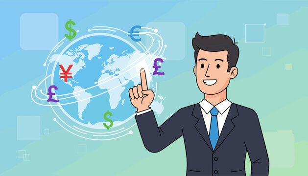 A smiling businessman in a suit points to a glowing globe displaying various currency symbols like Dollar, Euro, Yen, and Pound, representing global currency exchange and financial transactions in a
