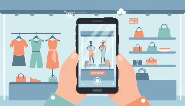 Hands holding a smartphone, capturing a photo of a virtual fashion store display with mannequins and clothing, representing online shopping and e-commerce technology, with icons for shopping cart