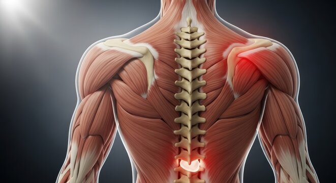 Anatomical illustration of human back muscles, spine, and shoulder with pain highlights