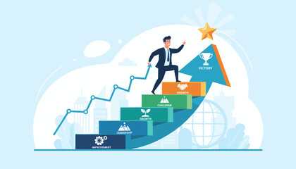 A determined businessman in a suit climbs a staircase representing career growth, moving from improvement and challenges towards leadership, success, and ultimate victory, symbolized by a golden star