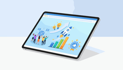 Digital marketing success illustrated on a tablet screen, featuring a team celebrating global connection, a rocket launch symbolizing growth, and a positive review badge, all set against a bright