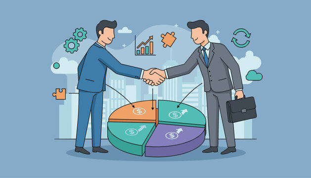 Two businessmen in suits shaking hands over a colorful pie chart representing shared profits and benefits, symbolizing partnership, agreement, and financial success, with gears, puzzle pieces, and
