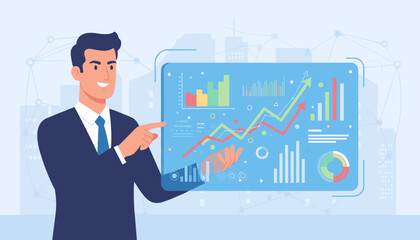 A smiling businessman in a dark suit points to a vibrant, futuristic virtual screen displaying various financial charts, graphs, and data visualizations, representing market analysis and business