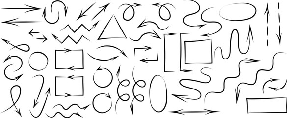 Vector set of hand-drawn arrows and shapes on a transparent background. Sketch style elements for infographics, notes, highlights, and design projects.