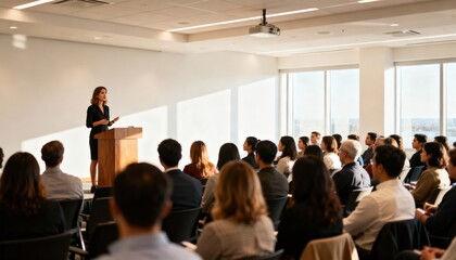 Female speaker at a business conference addressing a diverse audience. Professional woman giving a presentation at a corporate seminar. Leadership training and public speaking concept.