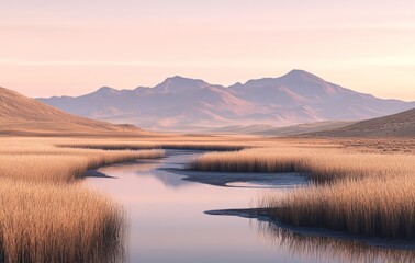 A serene landscape with a meandering stream, golden grass, and distant mountains