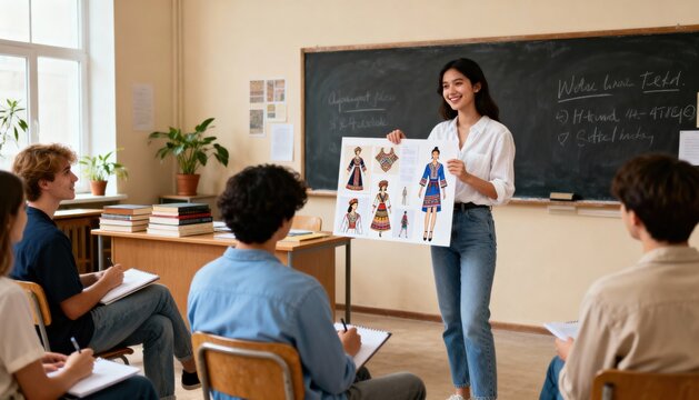 Young Asian female student presents a fashion design project on traditional ethnic clothing to a diverse group of classmates in a university classroom. Education and creativity.