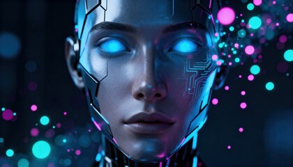 Futuristic 3D render of artificial intelligence. Portrait of a beautiful female cyborg with glowing blue eyes. Concept for machine learning, virtual reality, and metaverse.