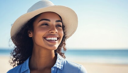Woman on a sunny beach, wearing a hat, smiling brightly