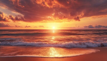 Fiery sunset over ocean, waves crashing on sandy beach