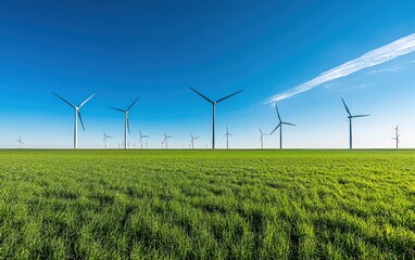 Wind turbines stand in lush field under a clear blue sky
