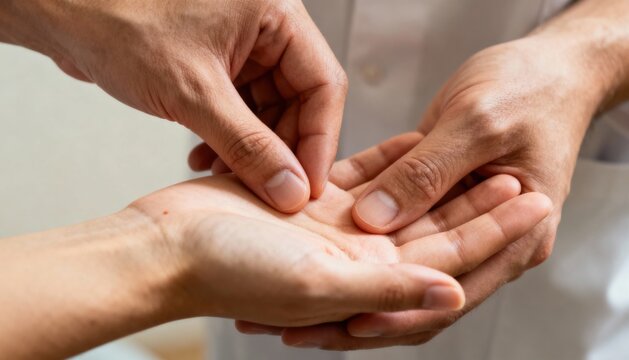 Close-up of professional physiotherapist performing therapeutic hand massage and pressure therapy on patient's palm for relaxation and pain relief