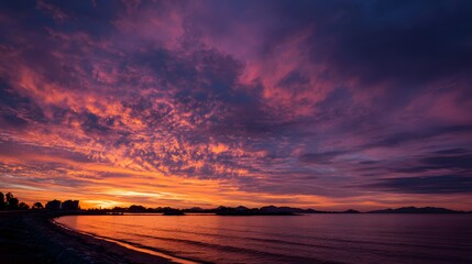 Obraz premium Vivid orange and purple clouds illuminate the sky above a tranquil coastal scene at twilight