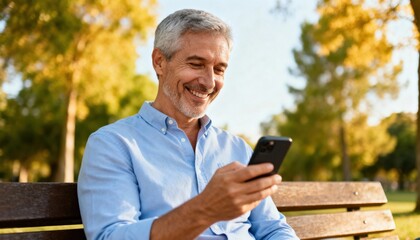 Happy mature man smiling and using smartphone outdoors on park bench, digital connection, social media, lifestyle technology, nature background