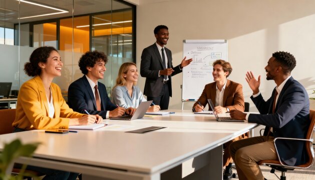 Happy multiethnic business team in a meeting. Diverse colleagues collaborating in a modern office. Black male leader giving a presentation. Teamwork, success and corporate training. - Powered by Adobe