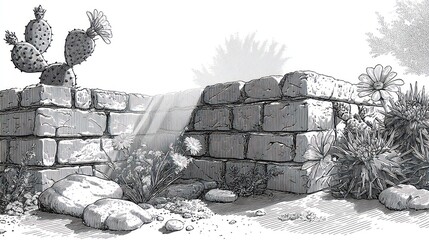Obraz premium Artistic illustration of an aged stone wall alongside prickly pear cactus and other desert plants