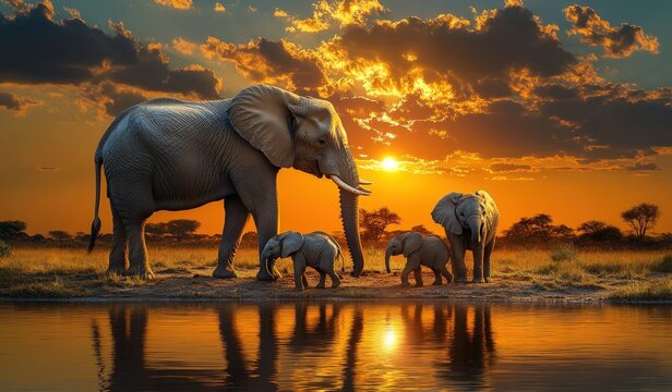 Elephant family by waterhole, vibrant sunset sky above