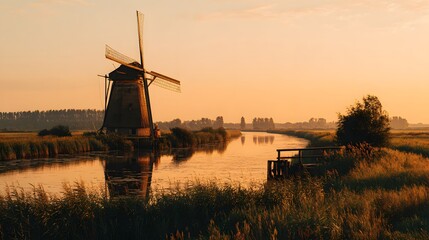 Traditional water management structure stands beside calm canal during golden hour