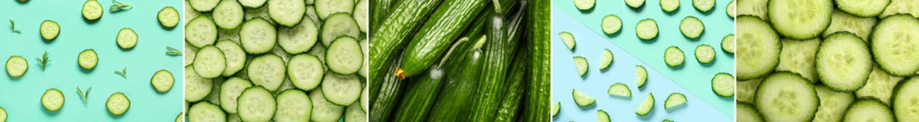 Collage with many fresh cucumbers