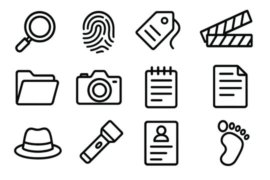 Criminal Investigation outline icon set: magnifying glass, fingerprint, evidence tag, crime scene tape, folder, camera, notepad, document file, detective hat, flashlight, report