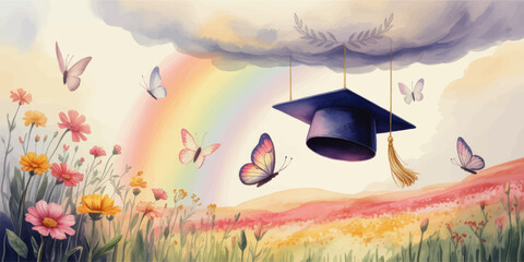 Watercolor Graduation Cap with Butterflies, Rainbow, and Wildflowers in Dreamy Pastel Landscape &ndash; Inspirational Education Art