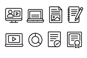 Online Courses outline icon set: digital lesson, open laptop, course content, study notes, video tutorial, progress circle, test completion, certificate icon.