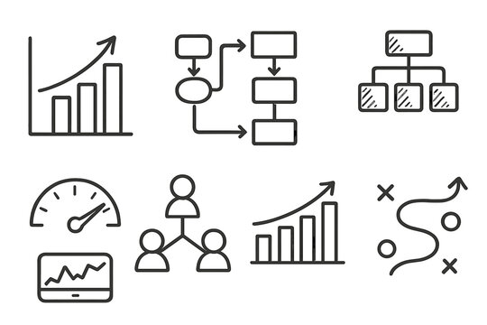 Business Scalable Solutions set of icons in doodle hand-drawn vector style: enterprise growth graph, adaptable process chart, cost-efficiency gauge, scalable architecture,