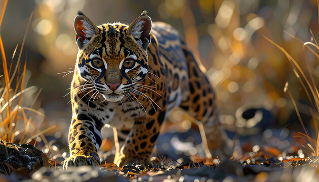 A beautiful ocelot with spotted fur stalks forward with an intense gaze through a sunlit, wild landscape.